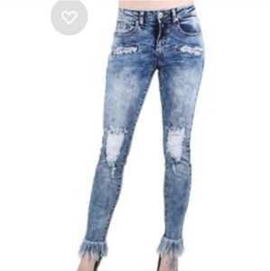 Light Denim Distressed Fringe Bottom Stretch Jeans